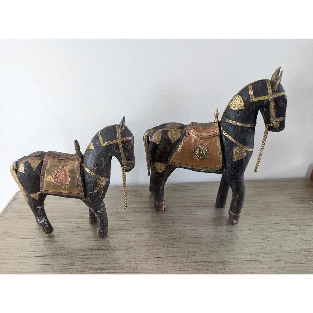 2 Vintage Handmade Horse Figurines with Brass Armor & Inlay Indian Folk Art